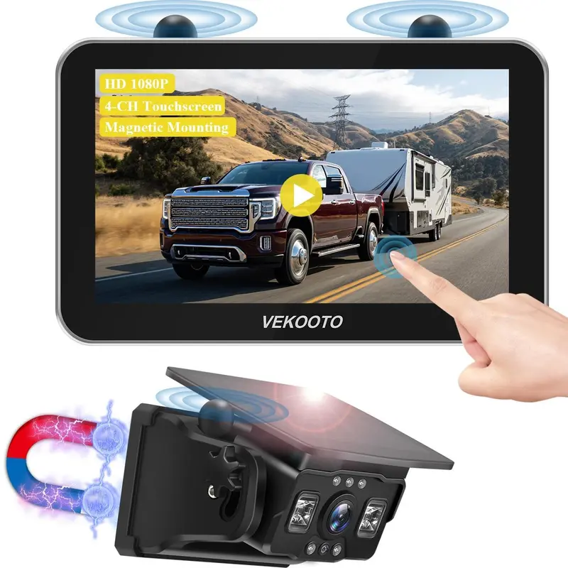 VEKOOTO VK7 Pro Magnetic Solar Wireless Backup Camera 7'' IPS Touchscreen Monitor IP69 Waterproof HD1080P No Wiring Rechargeable Camera for RV Trailer Camper Blind Spot Truck Automotive Backup Camera for Truck IR Night Vision farmer toolupgrade