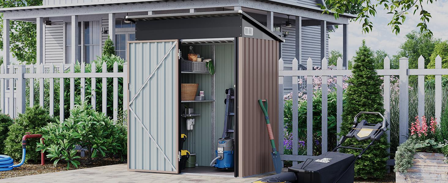 Aoxun 5x3 Waterproof Metal Outdoor Storage Shed, Lockable Doors, Adjustable Shelves, Floor Base, Sloping Roof, 54.33"w x 72.82"h x 29.1"d for Patio, Backyard, Water Resistant Aoxun 5x3 Waterproof Metal Outdoor Storage Shed, Lockable Doors, Adjustable Shelves, Floor Base, Sloping Roof, 54.33"w x 72.82"h x 29.1"d for Patio, Backyard, Water Resistant