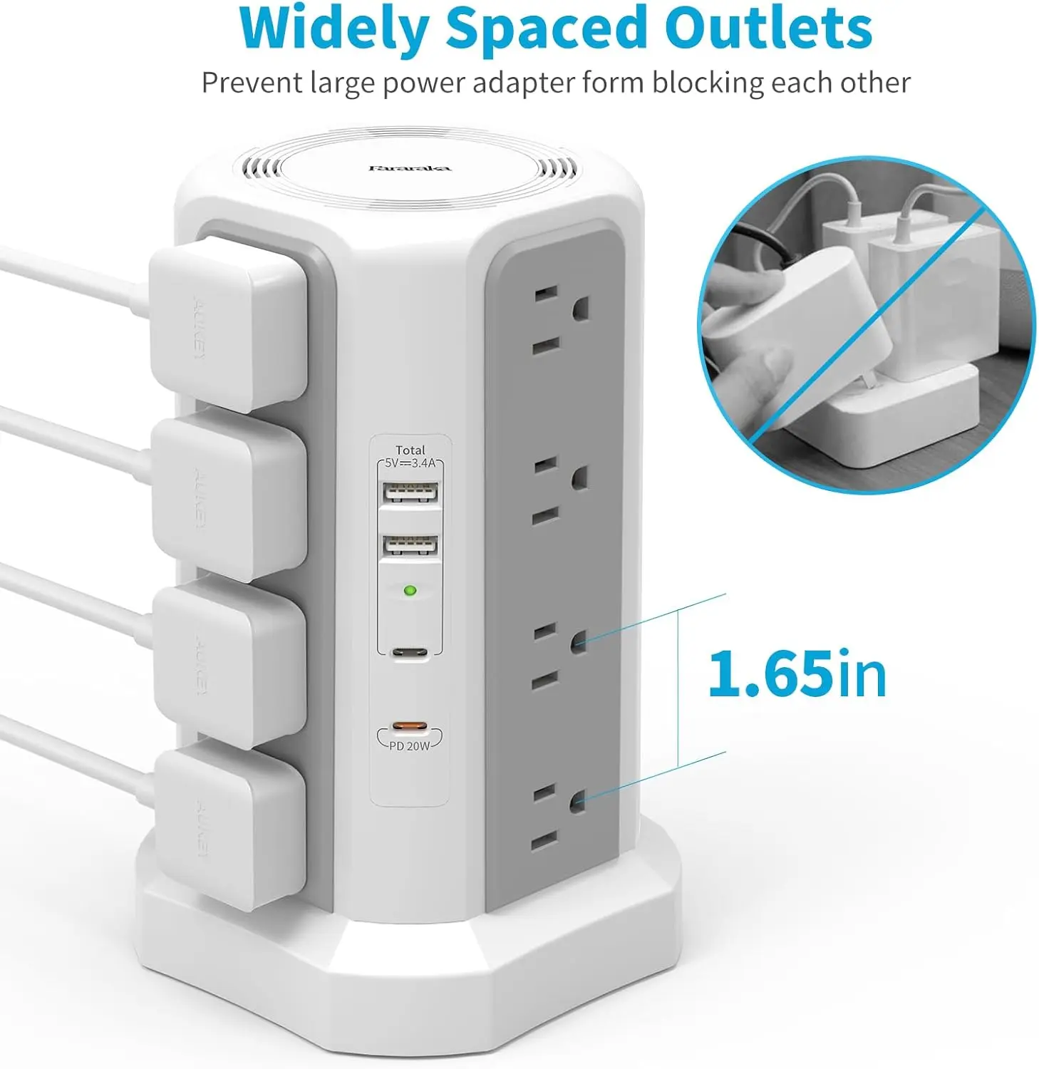 4-Layer Power Tower Surge Protector with 2 USB-C & 2 USB-A Charging Ports, Desktop Power Strip with Extension Cord, Multi Outlet Charger for Home Office, Dorm & Travel plug