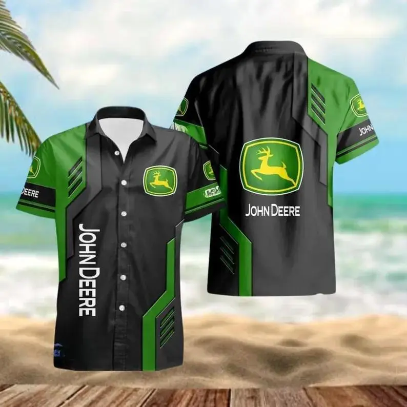 J0hn Deere Hawaiian Shirt Men Women Loose Fit Green Black Logo Print Casual Beach Summer Festival Streetwear WWE Fan Cool Breathable Aloha Button Up Vacation Idol Fan Gift Outfit