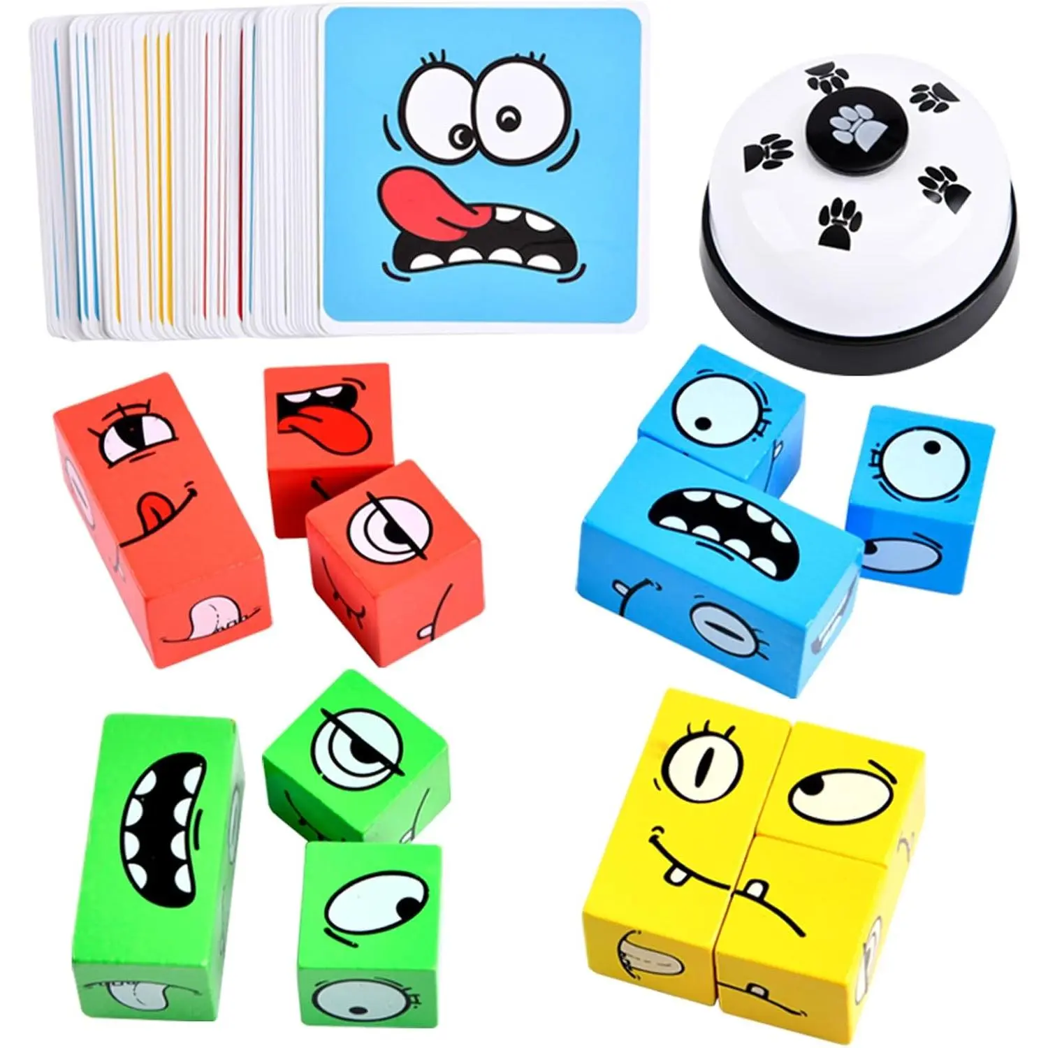 X-JP07 Wooden Face Changing Magic Cube Game, Expression Puzzle Building Blocks Pattern Matching Game, Educational Puzzles Toy Board Games for Kids and Adults with Bell