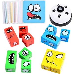 X-JP07 Wooden Face Changing Magic Cube Game, Expression Puzzle Building Blocks Pattern Matching Game, Educational Puzzles Toy Board Games for Kids and Adults with Bell