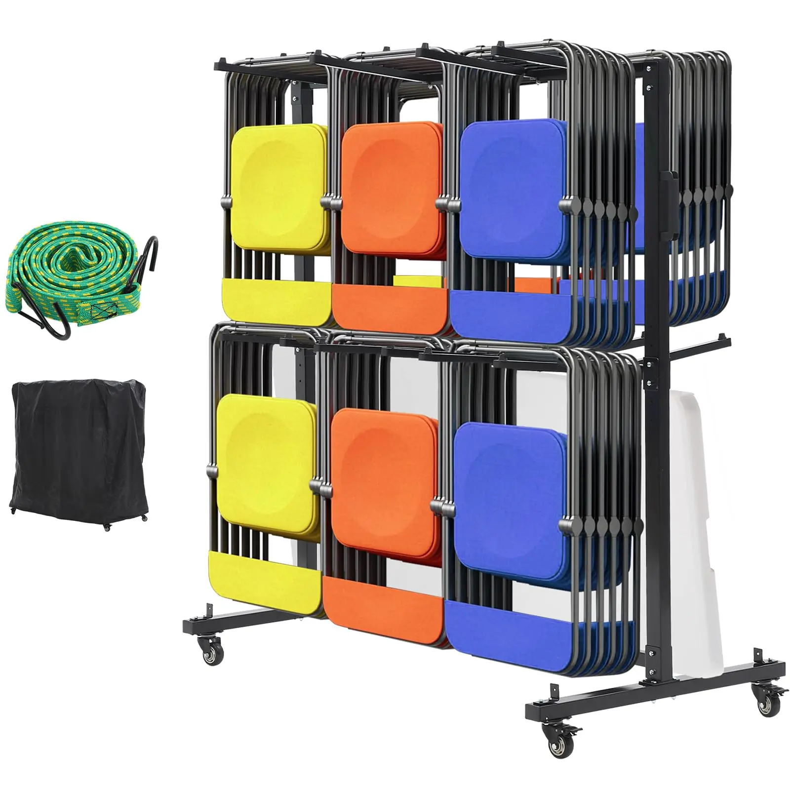 Garvee Multi-Function Folding Chair Rack and Table Cart for Storage and Transport of Up to 84 Chairs or 12 Tables with 800LBS Capacity, Rubber Wheels, Dust Cover, and Elastic Cords