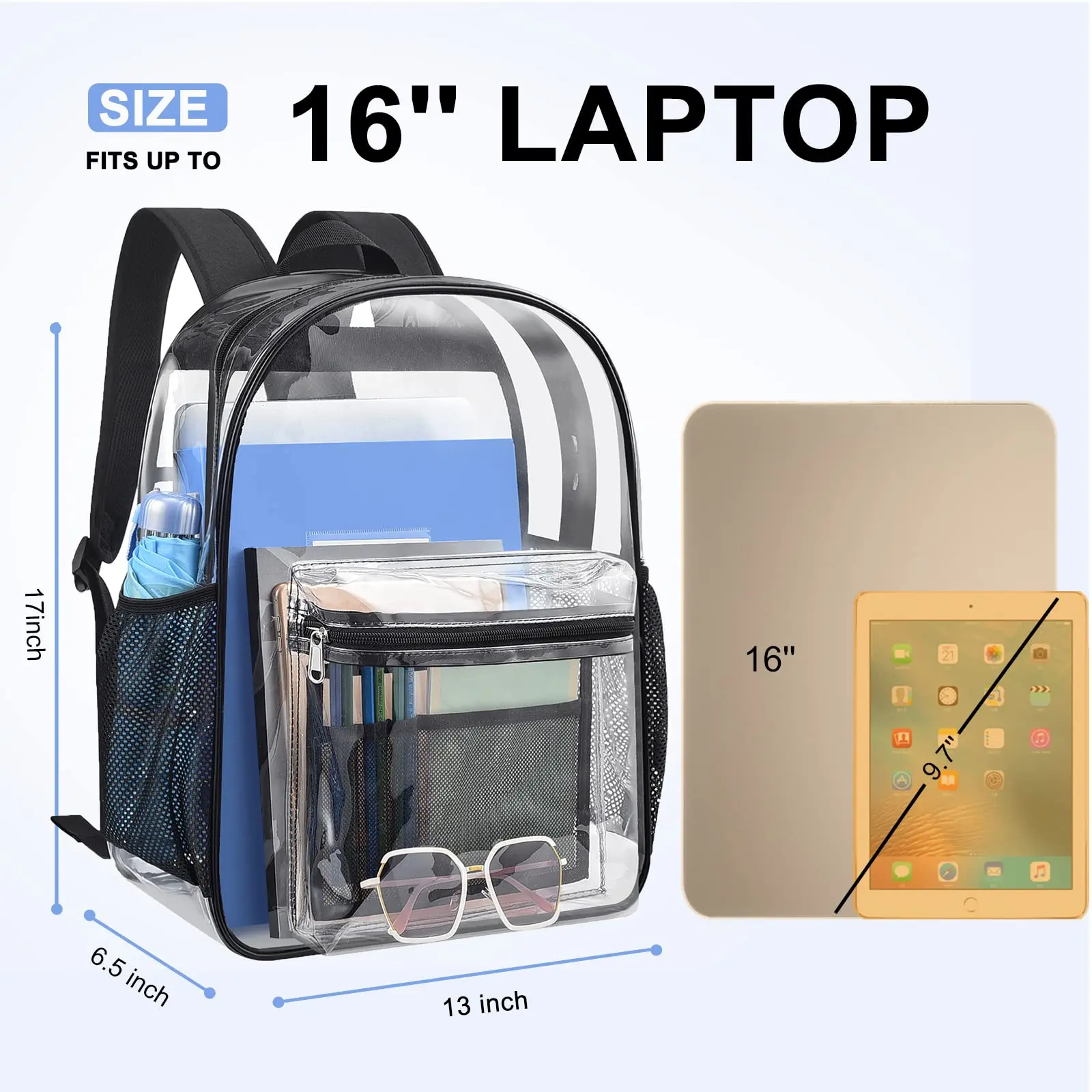 Heavy Duty PVC Transparent Backpack, 13"x6.65"x17" Dust-Free Waterproof Double Material Backpack with Multiple Storage Compartments, Adjustable Shoulder Straps, Breathable Mesh Pouch for University, Sports Events, Travel Bag Backpack