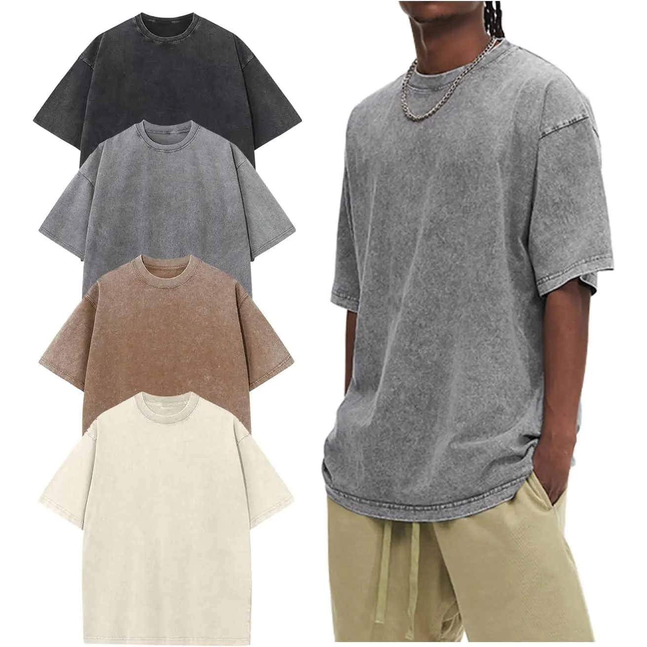 Men's 4-Pack Oversized Acid Wash Vintage Cotton Heavyweight Plain Short-Sleeve T-Shirts, Loose Baggy Soft Streetwear Casual Tops, Tshirt