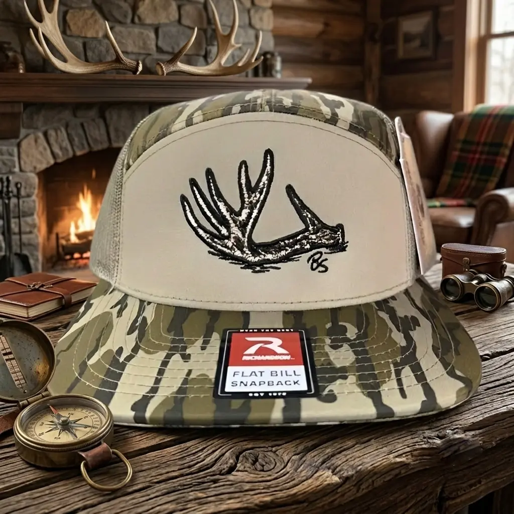 Antler Shed 7 Panel Hat Bottomland Camo Deer Hunting Trucker Snapback Flat Bill Outdoor Cap
