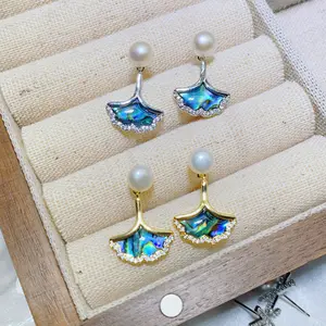 Silver Needle Premium Natural Abalone Shell Ginkgo Leaf Earrings Natural Freshwater Pearl Earrings