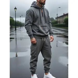 Men's autumn and winter heavyweight fleece hooded sweatshirt set, loose, casual and sporty workwear daily wear, multi-pocket warm two-piece set