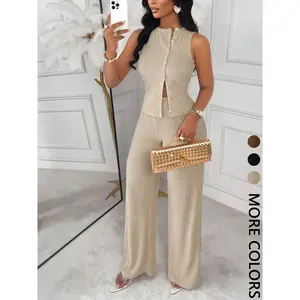 Two piece women's texture matching set, sleeveless round neck button up front top+wide leg pants, solid color beige design, fashionable and exquisite styleRAIMENTRY
