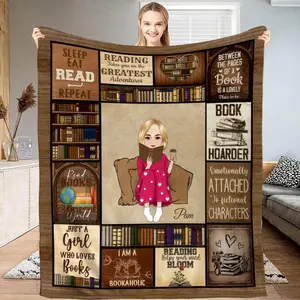 Customized Reading Blanket And Throw Book Lovers, Daughter Gifts, Cozy Throw For All Season (Bookshelf And Girl)