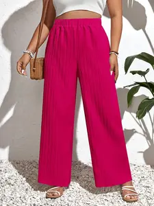 Women's Plus Size Solid Color Casual Elastic Waist Loose Textured High Waist Pants, Comfortable and Stylish Long Trousers for Everyday Wear