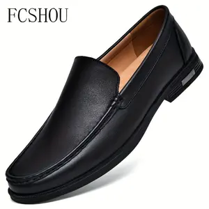 Men's Business Round Toe Slip On Loafer Shoes - Solid Color Split Cow Leather, PU Insole, Rubber Sole - Daily & Casual Wear | Comfortable Non Slip | Formal Design