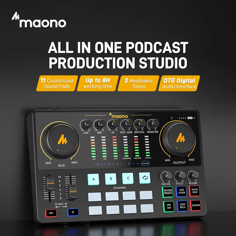 MAONO USB Studio Mixer & 5V Dual Channel Audio Interface Soundboard - Plastic Cordless Podcast Kit for Content Creators, XLR Support, Smartphone Compatible, Noise-Reduced Clean Audio, Bluetooth, Button Controls, Adapter Cable, Warranty, Mobile Use