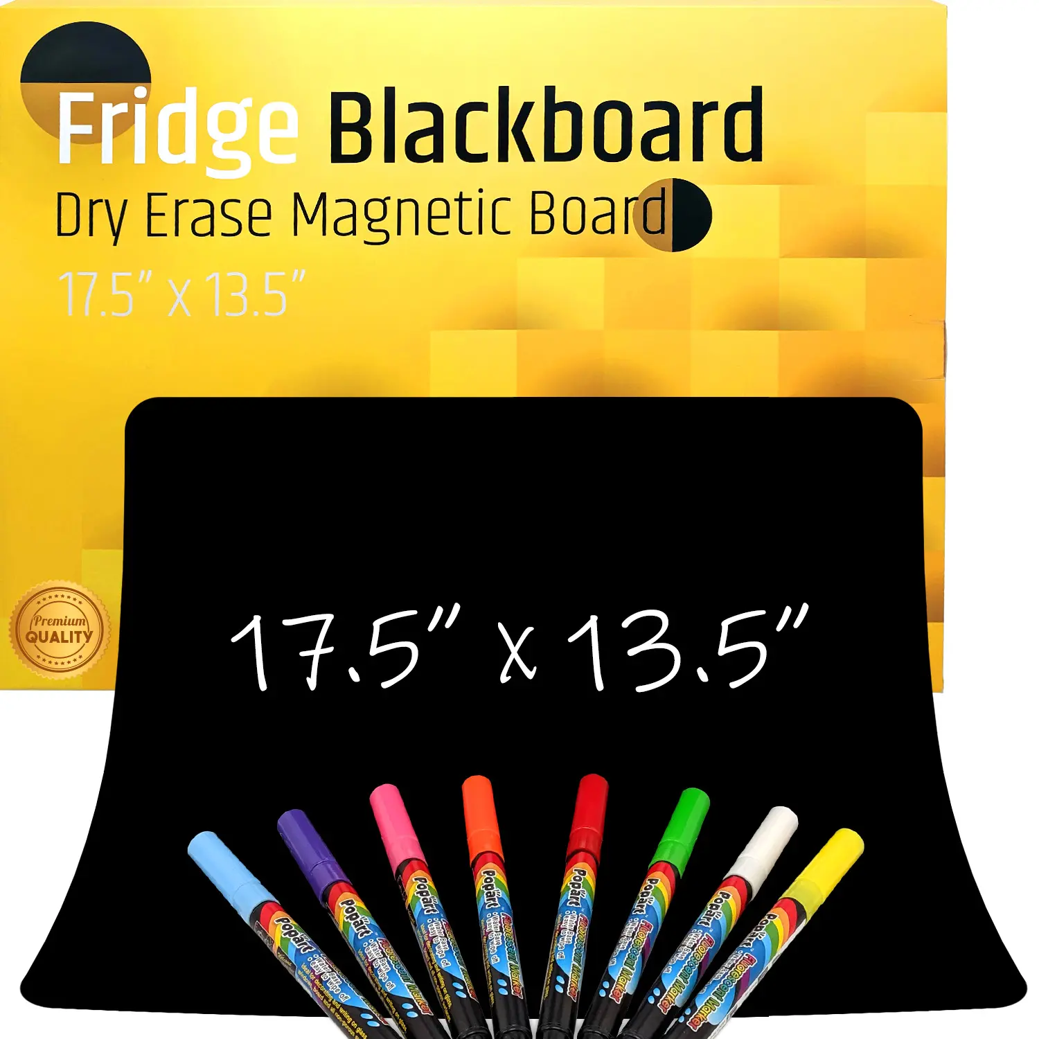 Premium Magnetic Wet/Dry-Erase Blackboard for Refrigerator (Fridge Chalkboard) - 17.5"x13.5" Large Size Black Organizer (Stain Free) | 8 Liquid Neon Chalk Markers | Grocery/to-Do Lists Board