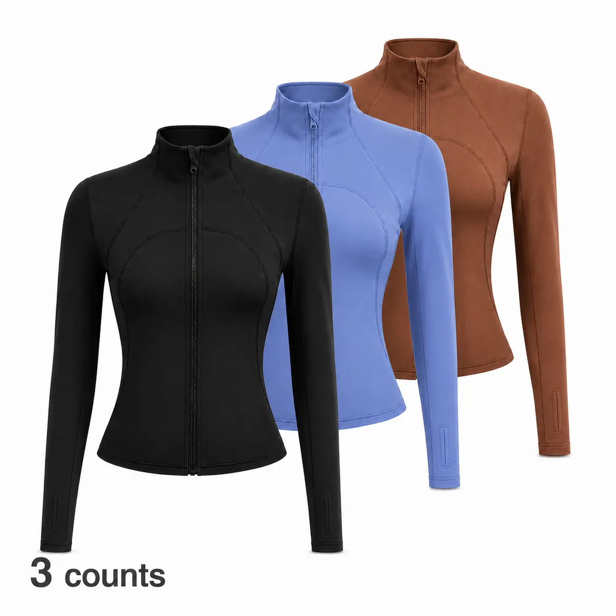 Women's 3-Pack Zip-Up Gym Jackets - Long-Sleeve Slim-Fit Mock Neck Quick-Dry Fitness Outerwear with Thumb Holes, Gym Workout Apparel for Yoga, Running & Indoor-Outdoor Use