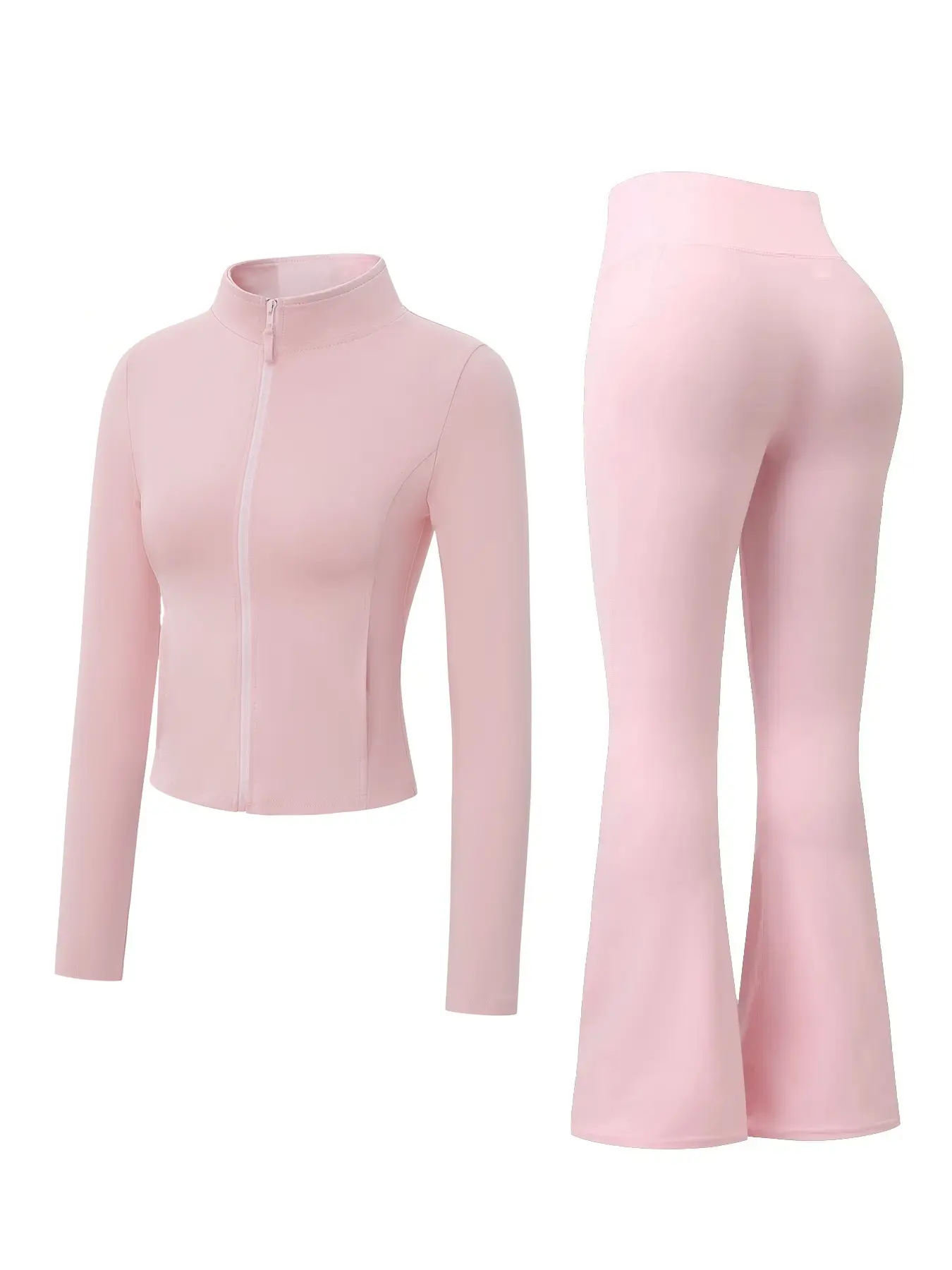 Women's Zip-Up Crop Jacket & Flare Pants Set, Casual Knit Set, Fitted Clothing Set, Casual Loungewear & Streetwear, Fitted Letter Pattern, Perfect for Everyday Wear Womenswear, Style