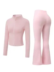 Women's Zip-Up Crop Jacket & Flare Pants Set, Casual Loungewear & Streetwear, Fitted Letter Pattern, Perfect for Everyday Wear Womenswear, Style