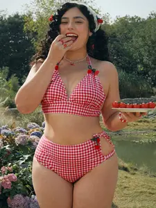 NAVALORA Plus Size Women 2pcs Bikini Swimwear Set With Cute Cherry Decor, Adjustable Drawstring Waist & Bowknot Design, For Summer Beach Vacation