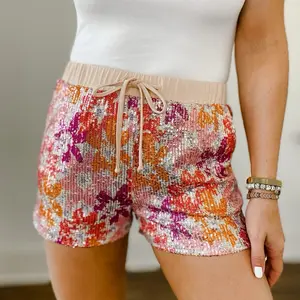 Sparkle Sequin Shorts - Colorful Sequin Design, Elastic Waistband, Casual Style for Women, Ideal for Bottom Comfort - Womenswear