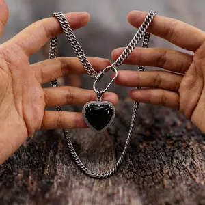 Paperclip Cuban Link Chain Necklace 20 inches with Healing Crystal Heart Pendant | Amethyst, Rose Quartz, Opal, Fluorite, Labradorite, Tiger’s Eye, Black Onyx | Perfect Mother’s Day Gift