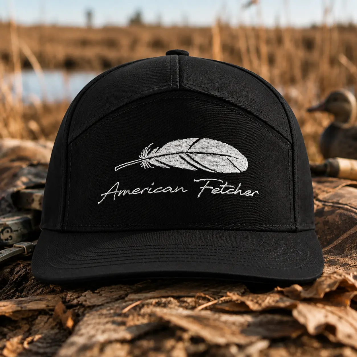 American Fetcher Black Mesh Trucker Hat, Embroidered Feather Hunting Cap, Outdoor Duck Hunting Snapback, Men’s Adventure Hat