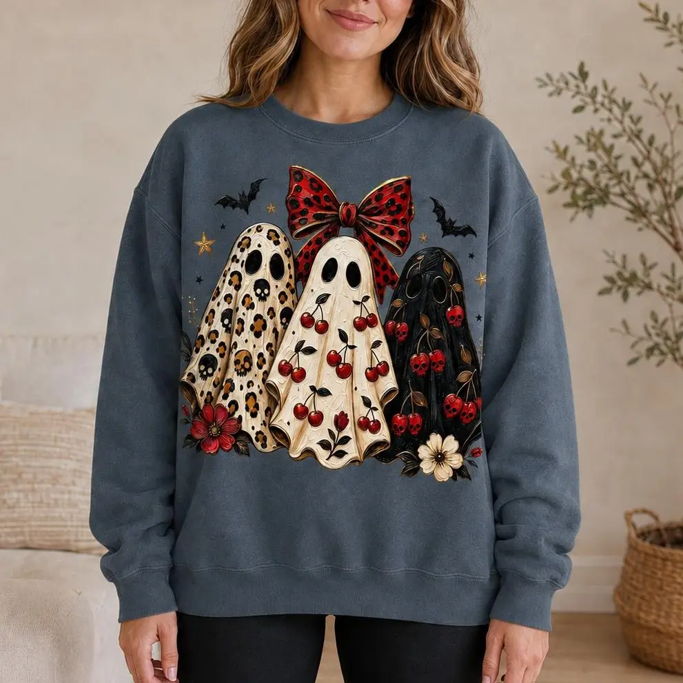 Leopard Ghost Halloween Sweatshirt for Women, Coquette Bow and Cherry Graphic Crewneck, Cute Spooky Fall Pullover