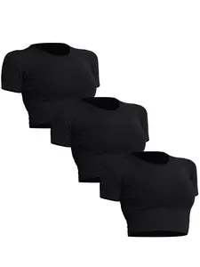 Women's Yoga Round Neck Short Sleeve Top, 3-Pack Gym & Casual Wear, Tight-Fitting Design, Ideal for Running & Sweat Absorption