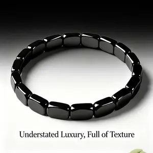 Men’s Square Hematite Beaded Stretch Bracelet, Minimalist Black Stone Stackable Wristband, Stylish Elastic Bead Jewelry, Sleek Polished Accessory for Everyday Wear, Trendy Casual Gift for Him Daily Dating & Street Style Outfits