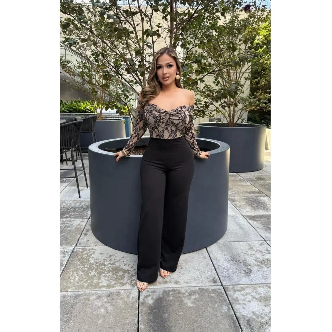 Thalia Jumpsuit - Black/Dark Beige Medium Polyester Fitted Long Sleeve One-Piece Overalls True To Size Stretchable Bridal Basic Womenswear