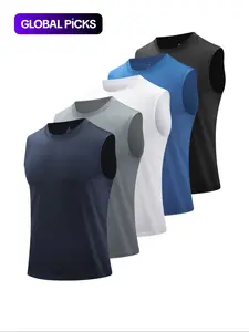 Men's 5pcs Solid Round Neck Sleeveless Sports Vests, Breathable Comfortable Quick Drying Sweat-absorbing Tank Tops for Outdoor Activities, Sport & Outdoor Clothing for Summer, Sleeveless Gym Tops, Workout Gym Clothing