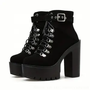 Black women’s thick-soled high-heel ankle boots with round toe straps and ankle buckles, fashionable party biker shorts