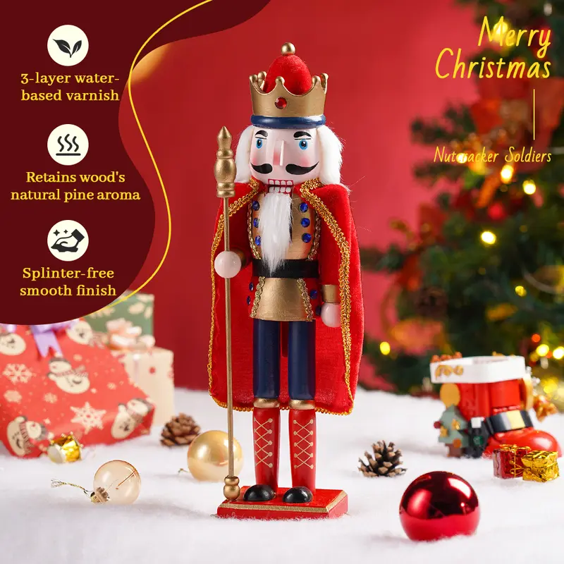 38CM Christmas Wooden Nutcracker Vintage Statue Creative Puppet Handmade European Style Model Red King Doll Christmas Gift Home Decoration