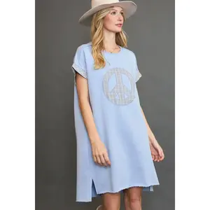 Umgee Peace Plaid Applique Short Sleeve Mini Dress