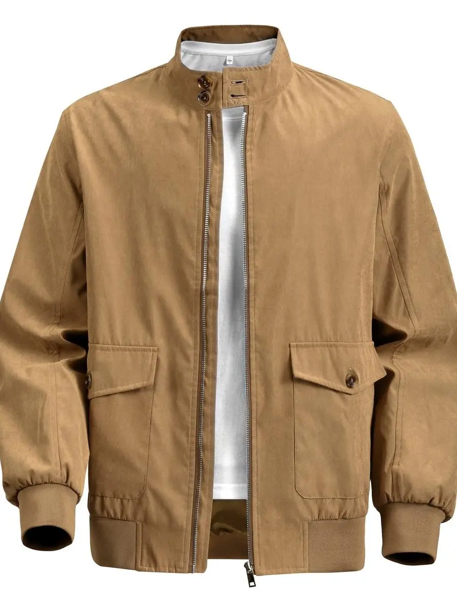 Men's Minimal Solid Tan Stand Collar Utility Bomber Windbreaker - Dual Neck Buttons, Full Zip, Rib Trim, Multi Pockets, Light Windproof, Business Casual All-Match Outerwear