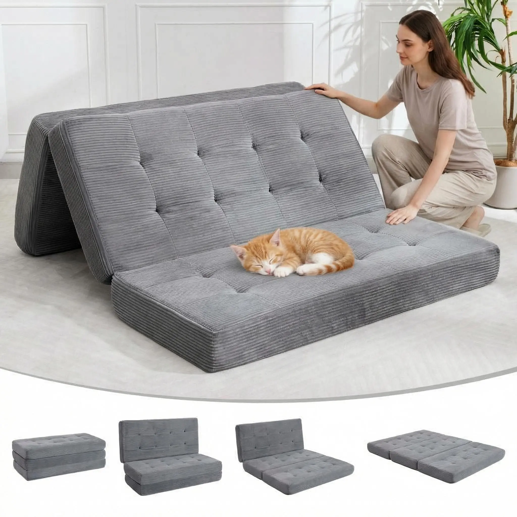 Garvee 6-Inch Pillow Top Tri-Fold Mattress - High-Density Support Foam, Tufted Corduroy Fabric, Foldable Indoor Furniture Sofa Bed for Reading, Guest Bedroom, Camping (75"x39", Grey/Black/Green)