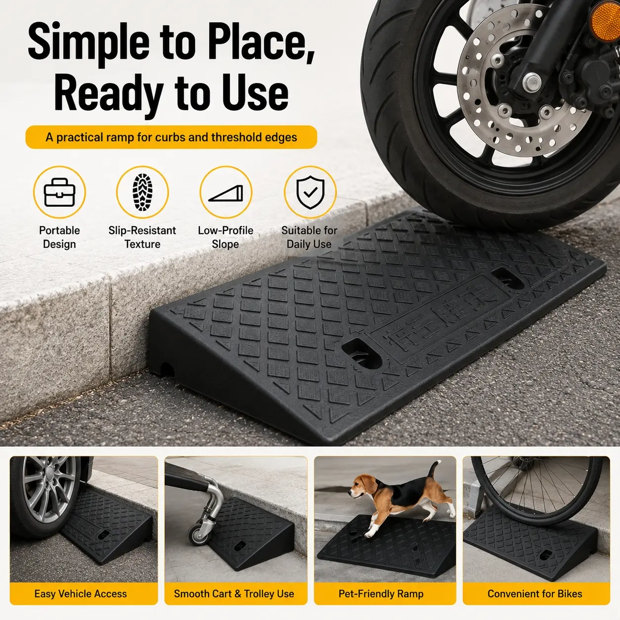 10cm / 4 Inch Garage Driveway Entry Ramp 1PC, Heavy Duty Non-Slip Rubber Practical Threshold Ramp for Curbs, Wheelchair, Scooter, Car, Motorcycle & Pets