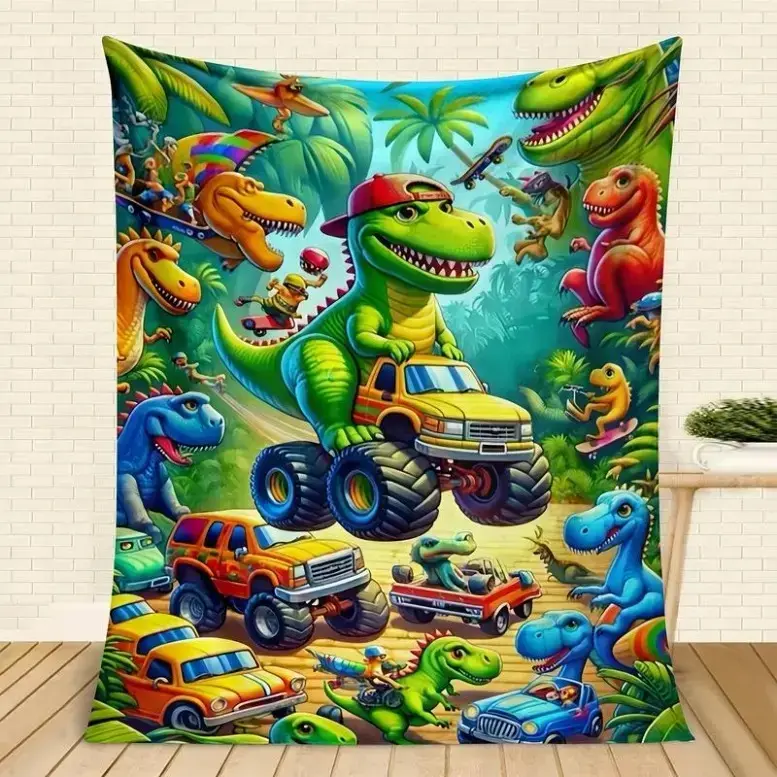 Soft Polyester Flannel Throw Blanket - Dinosaur Truck Design, All-Season, Ideal for Naps & Car Use, Perfect Gift for Kids (Dinosaur, Animal Theme, Character Figure, T-Rex Blankets), Dinosaur Blankets