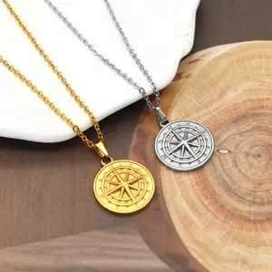 New stainless steel compass pendant in gold color, versatile and non-fading, vintage compass titanium steel necklace for men