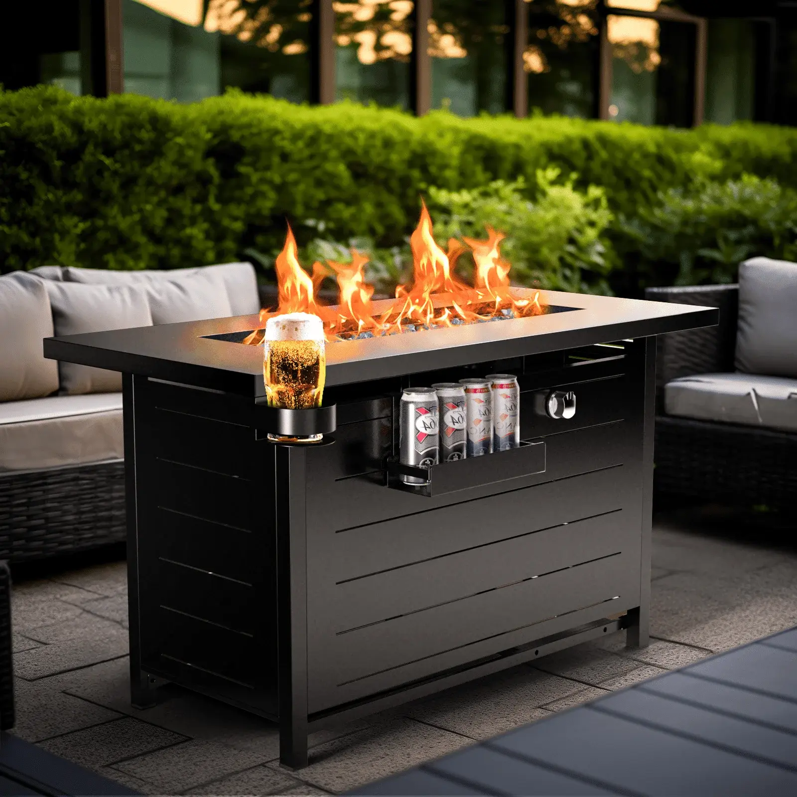 CHITOOMA 43" Propane Fire Pits for outside 60,000 BTU Gas Fire Pit Table for outside with Lid , Glass Beads, Cup Holders, Hanging Shelf & Nylon Cover, Rectangle Myfurnideal