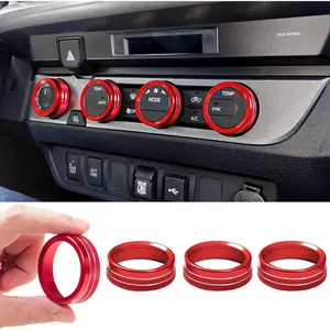Interior Decorated Button Knob Covers Compatible with Toyota Tacoma 2023 2022 2021 2020 2019 2018 2017 2016, 4WD Temp Air Conditioner AC Switch Audio CD Aluminum Alloy Knob Ring (Red,4pcs)