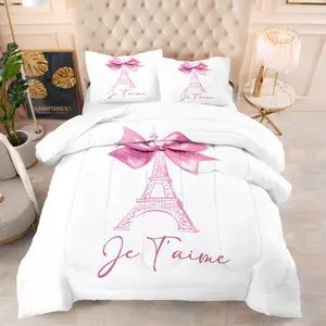 The Eiffel Tower series of comforter, featuring butterfly bows and flowers, is a beautiful bedroom decoration gift suitable for young adults. It includes 1 comforter and 1 or 2 pillowcases without a core