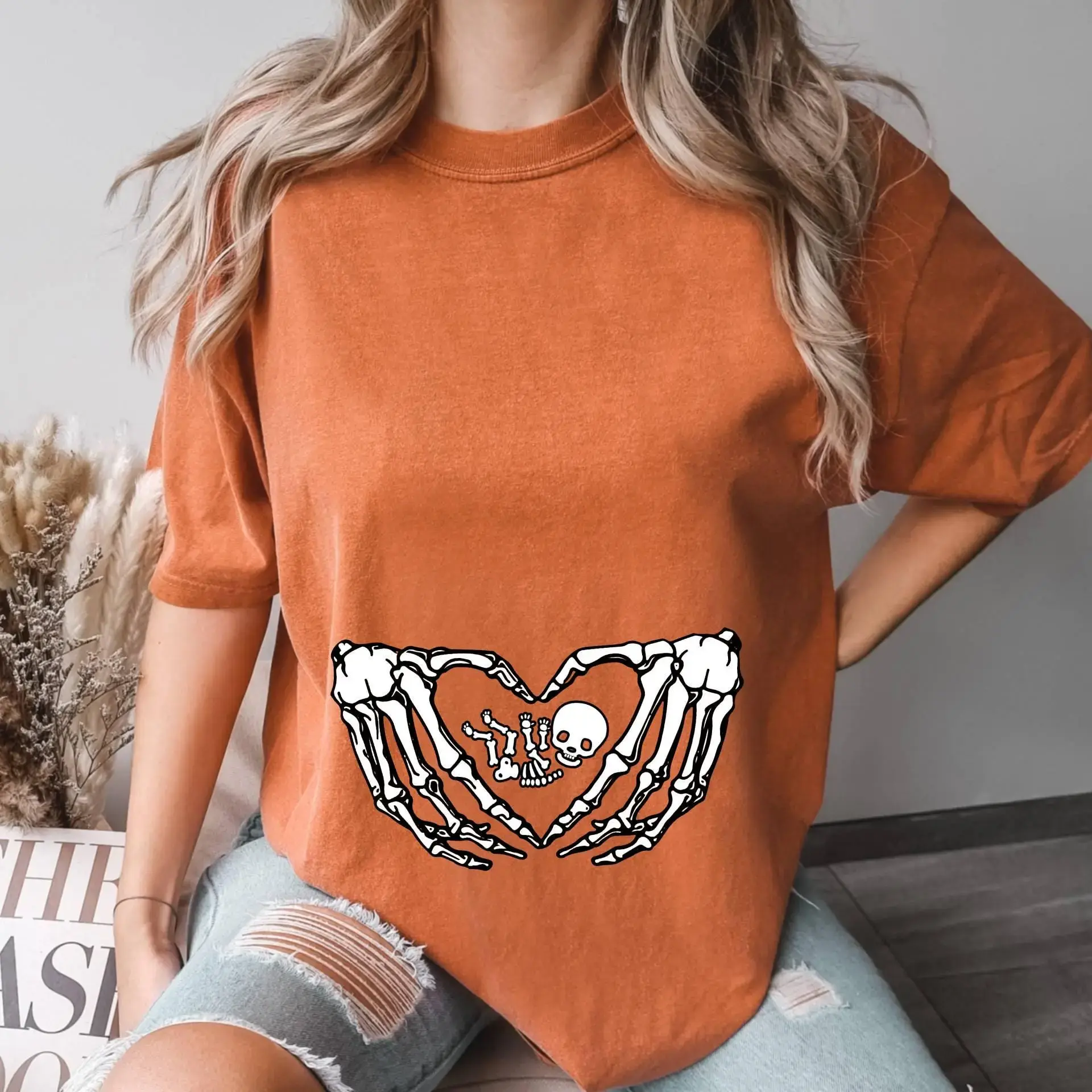Comfort Colors Pregnant Skeleton T Shirt, Skeleton Baby Halloween Maternity Shirt, Pregnancy Mom Gift M aternity Shirt With Baby Skeleton - AMBER