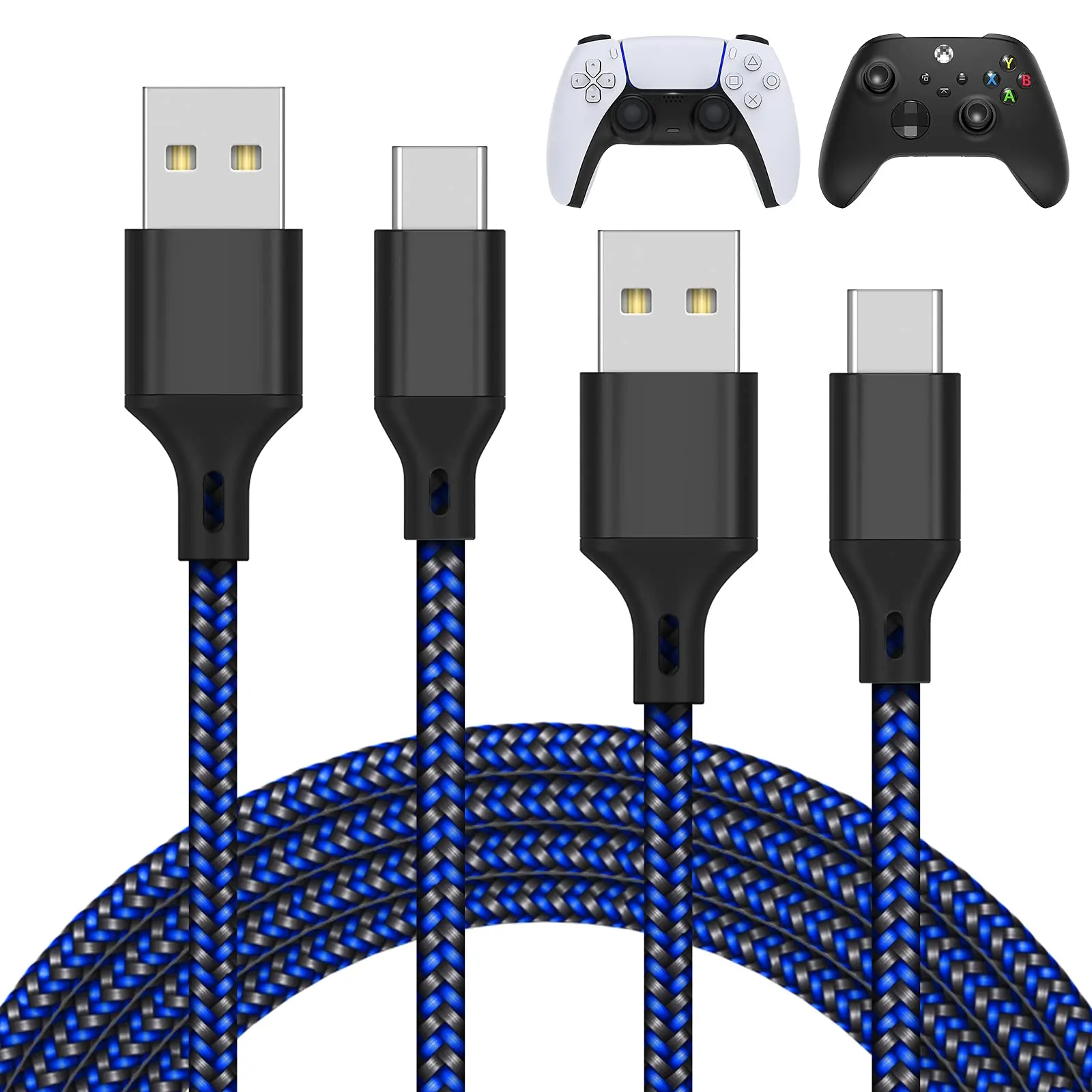 MENEEA Mobile USB-C Charging Cable Charger Kit, 2-Pack 10FT Nylon Braided Cord for PS5/PS5 Pro, Xbox Series X/S (Type-C Ports, Blue)
