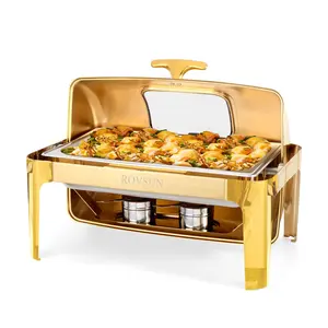 [TOP RATED - FLASH SALE] ROVSUN 9 QT Roll Top Rectangular Gold Chafing Dish Buffet Set with Visible Window