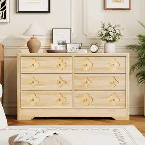 OP-Fluted 6 Drawer Dining Table Dresser - Mid Century Modern Wooden Storage Cabinet - 47.2'' Wide - Decorative Boho Style for Dining Room, Bedroom, Living Room - Large Capacity - Oak or White Finish