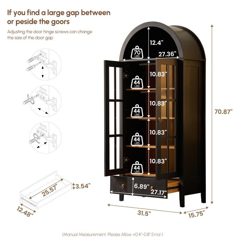 【Jumpstart Sale】71" Tall Arched Kitchen Pantry with Magnetic LED Lights, Modern Farmhouse Wood Kitchens Storage Cabinets with Large Drawers and Glass Door, Versatile Cupboard for Kitchen, Dining Room, Bathroom, Livingroom