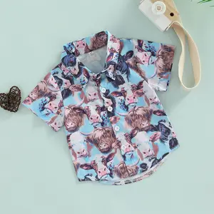 Boy Summer Shirt, Cartoon Pattern Printed Kid Lapel Neck Short Sleeve Tops Button Down Clothing for Children Cute Graphic Tee