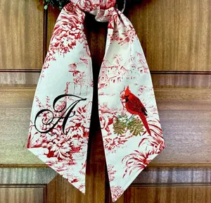 Cardinal red toile winter wreath sash, monogrammed winter front door swag, bereavement gift