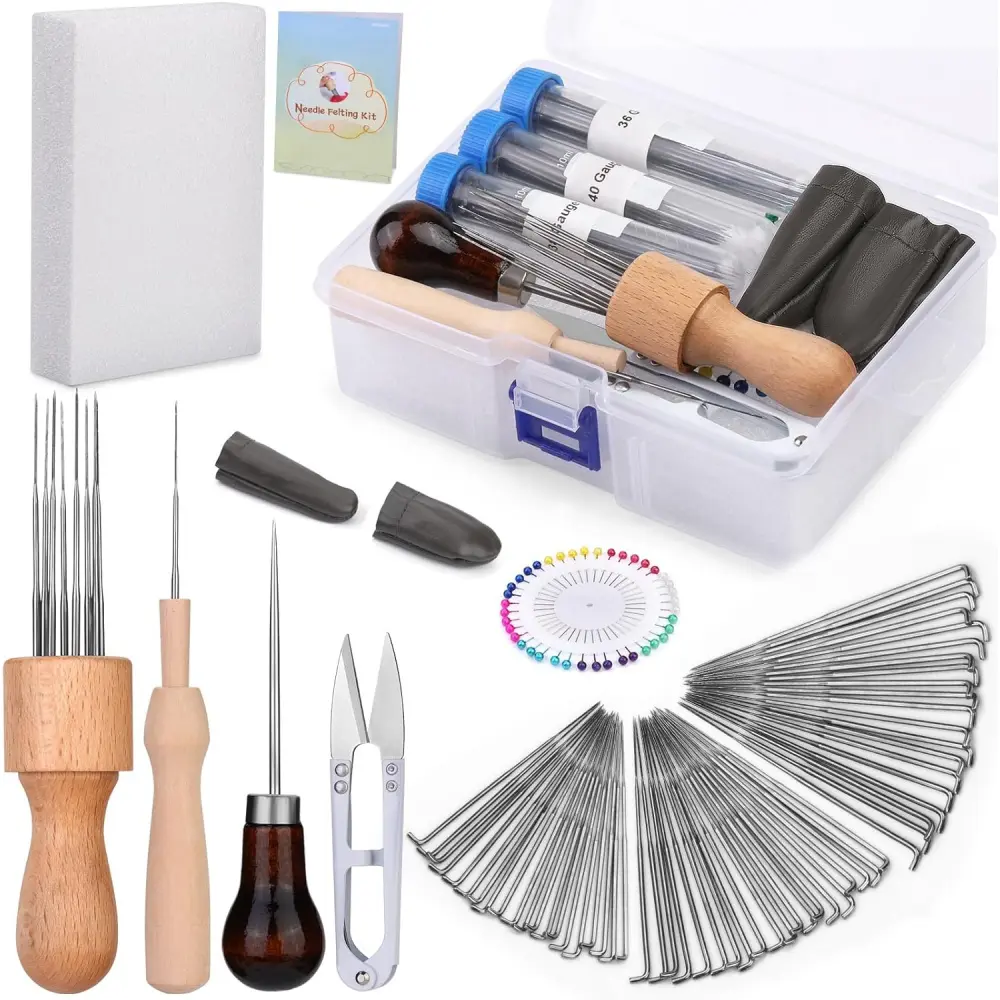 Felt DIY Needle Felting Tool Kit with 20 x 36 Gauge Anti-Rust Oil Coating Needles (60 Total, Prevents Rust), Wood Handle, Scissors, Foam Mat, Storage Box, Finger Cots, Wool Supplies for Crafts, Leather Projects, Prevent Rust