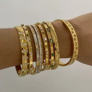 18k Gold Plated Fashion Style Bangles with Star Green Stone Stack for Adults Versatile Elegant Accessory Ideal for Stacking and Stylish Combinations
